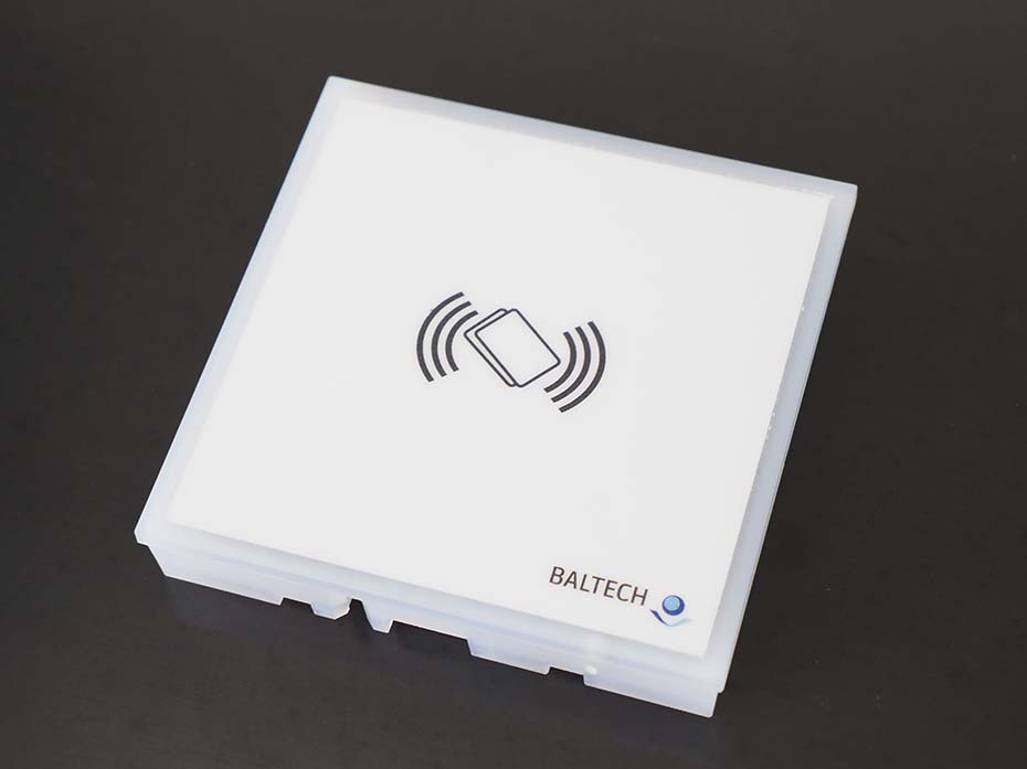 BALTECH RFID access control reader ACCESS200 with wallmount base part and white front sticker