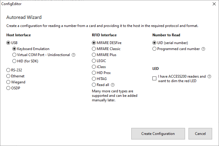 Autoread Wizard in BALTECH ConfigEditor to easily put together an RFID and host interface configuration for an RFID reader