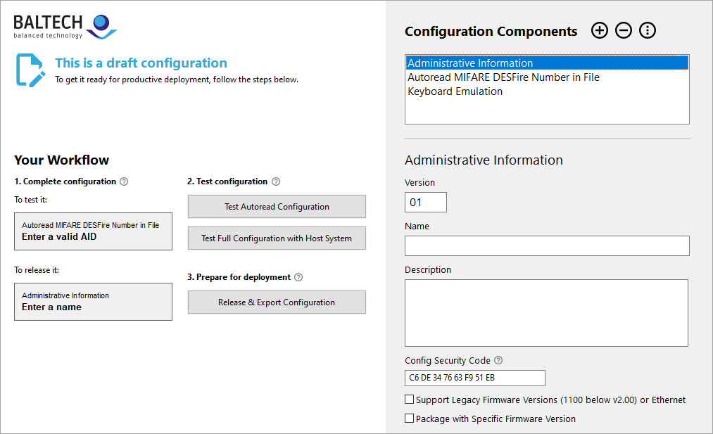 Workflow-Ansicht in BALTECH ConfigEditor zum Ausfüllen, Testen und Freigeben einer Konfiguration für einen RFID-Leser