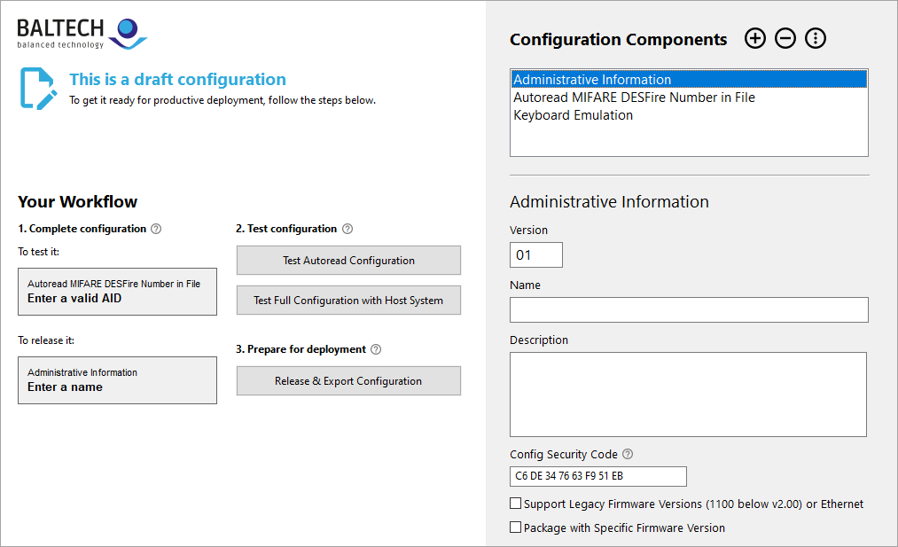 Workflow view in BALTECH ConfigEditor to complete, test, and release a configuration for an RFID reader