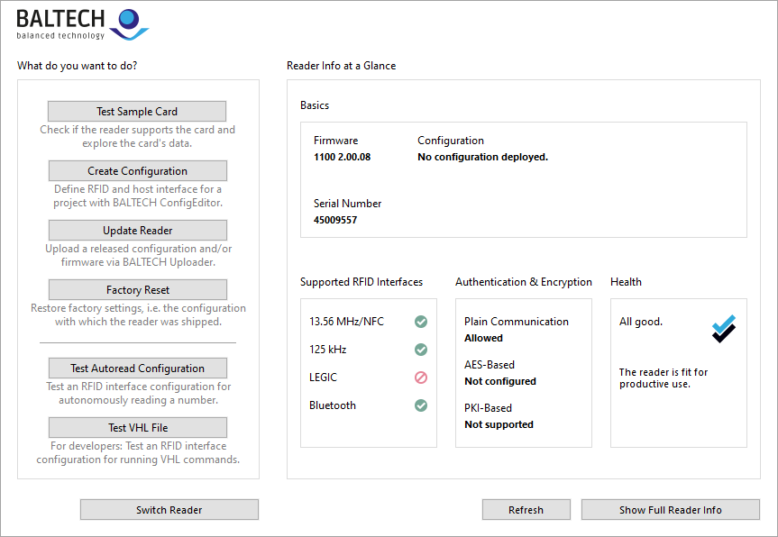 Startseite von BALTECH ID-engine Explorer zum Testen von RFID-Lesern und Analysieren von Projektkarten