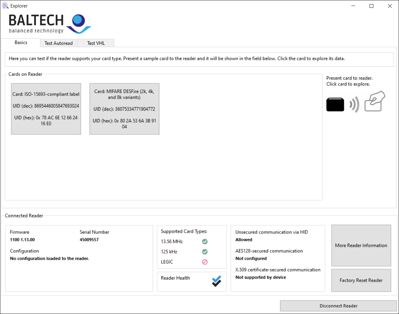 Startseite von BALTECH ID-engine Explorer zum Testen von RFID-Lesern und Analysieren von Projektkarten