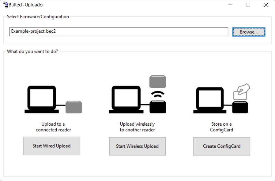 BALTECH Uploader to upload a configuration to an RFID reader via USB, RS-232, or NFC