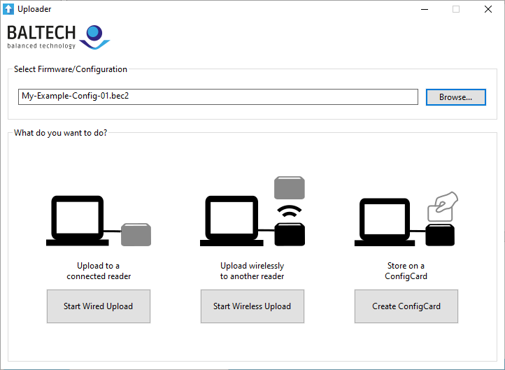 BALTECH Uploader start screen: Wired Upload (USB), Wireless Upload (NFC), ConfigCard creation