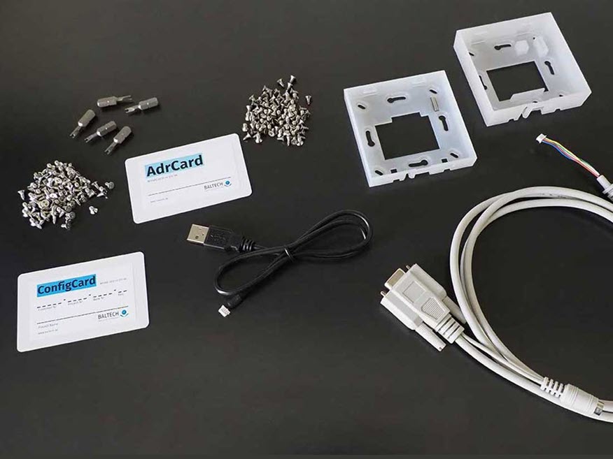 BALTECH accessories for RFID readers: housing base parts for ACCESS200, cables, cards, screws, tools