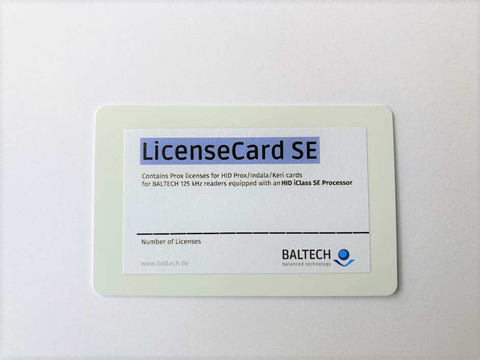BALTECH LicenseCard SE zum Einspielen einer vergünstigten Prox-Lizenz auf einem RFID Leser mit HID SE Processor